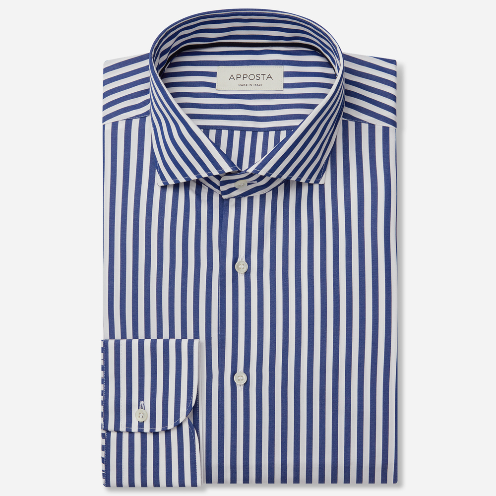 Image of Camicia righe blu cotone popeline doppio ritorto, collo stile collo francese basso055