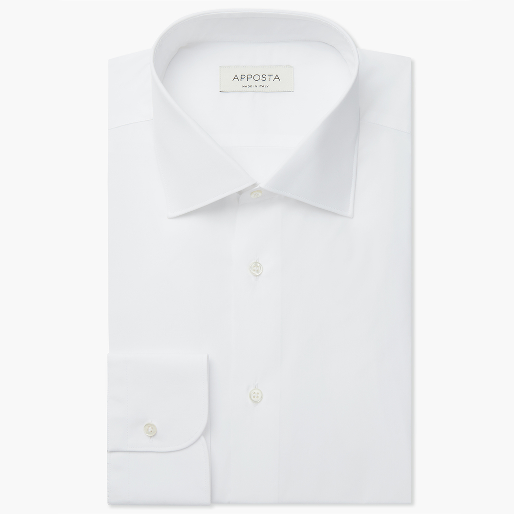 Shirt solid white stretch cotton poplin, collar style semi-spread collar