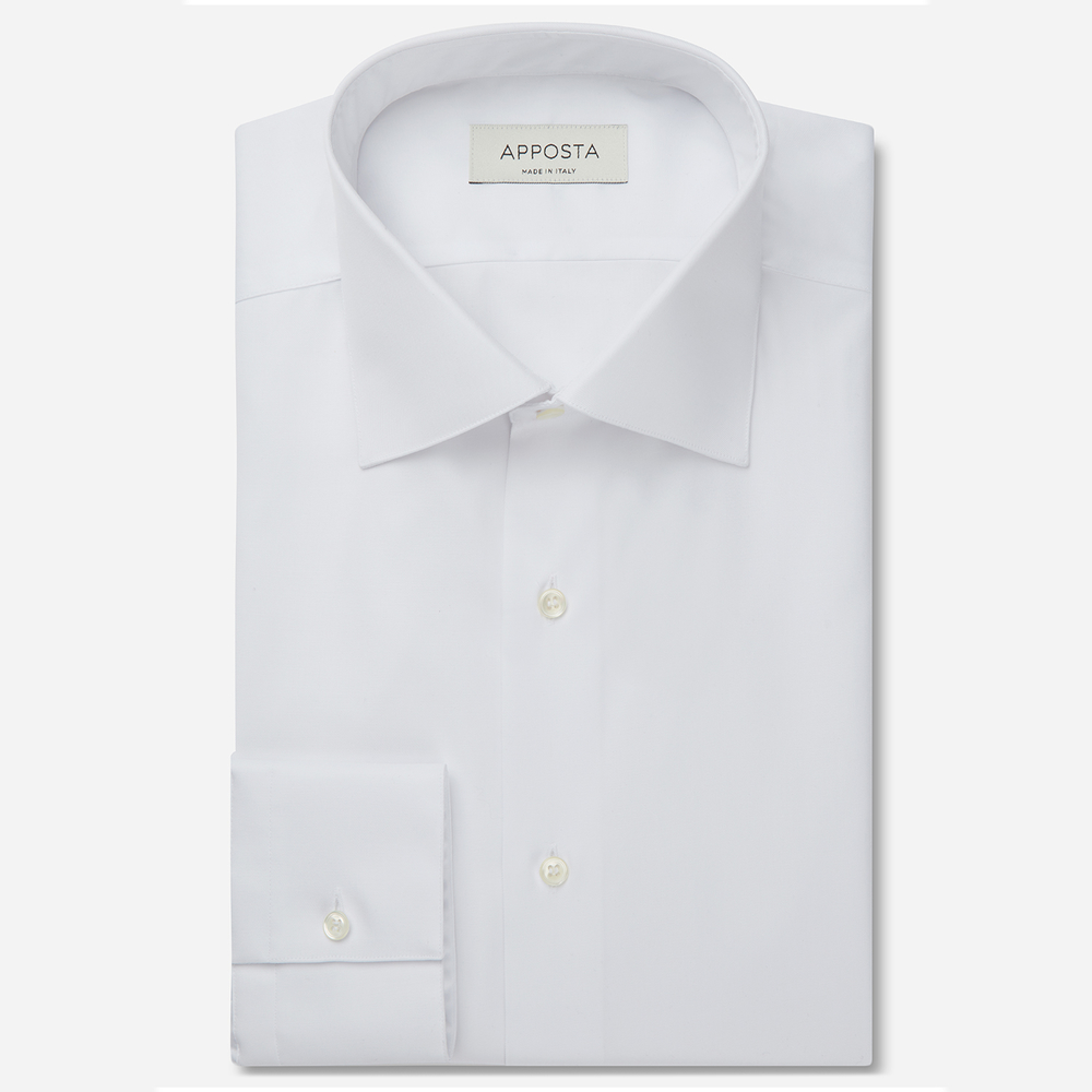 Shirt solid white cotton twill double twisted, collar style semi-spread collar