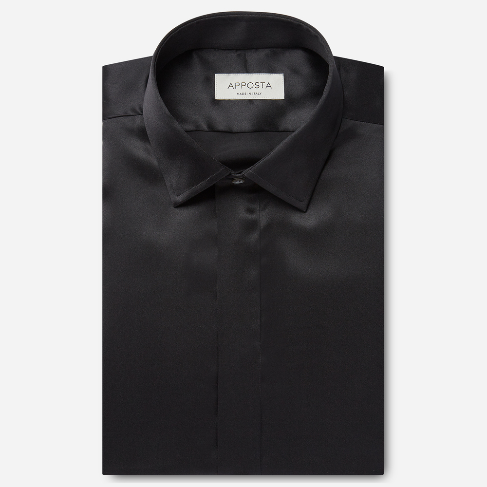 Shirt solid black silk poplin, collar style updated straight point collar with short points, cuff french cuff (cufflinks)