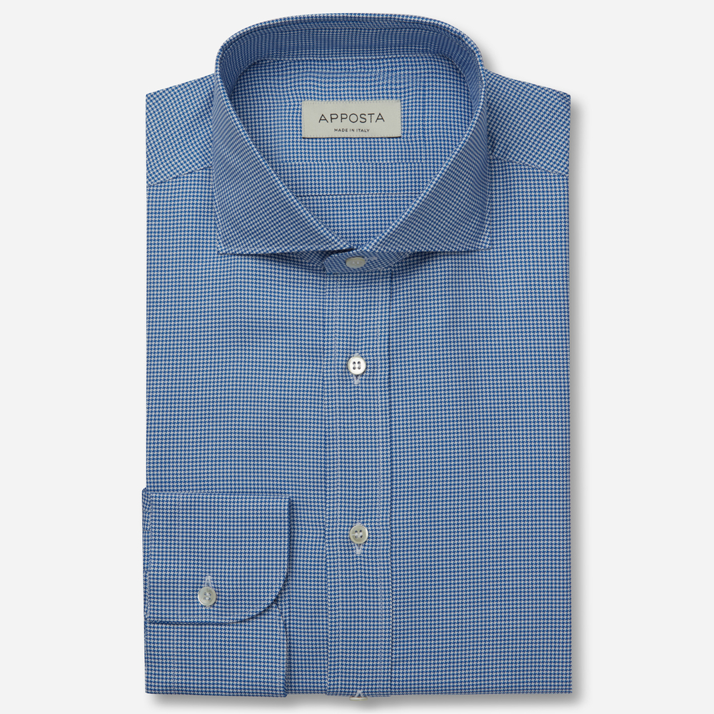 Shirt houndstooth check light blue cotton oxford double twisted, collar style lower spread collar