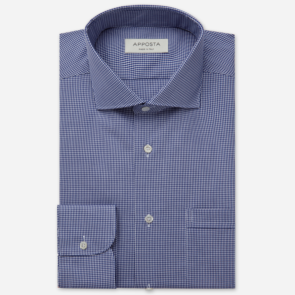 Shirt small check navy blue cotton fil-à-fil, collar style updated spread collar with short points