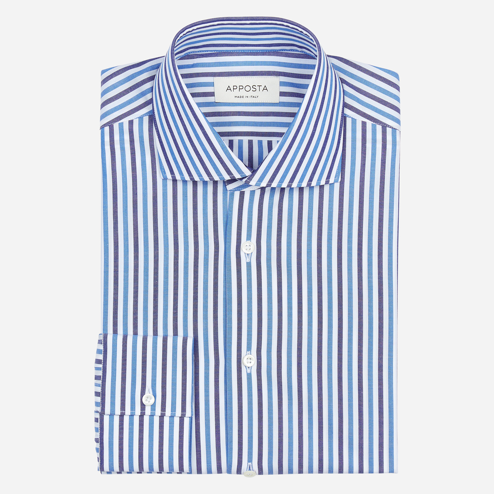 Image of Camicia righe blu cotone tessuto con armatura a tela, collo stile collo francese basso055