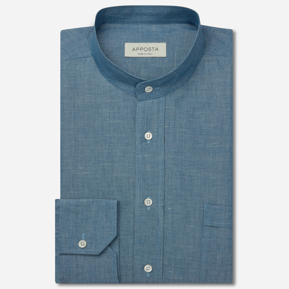 Shirt solid navy blue linen denim normandy linen, collar style band collar