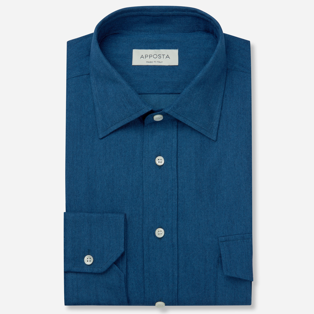 Shirt solid navy blue cotton denim, collar style low straight point collar