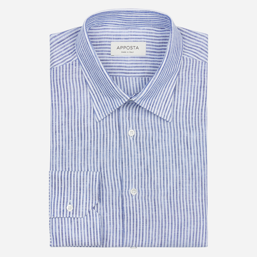 Image of Camicia righe azzurro lino tessuto con armatura a tela, collo stile collo francese basso055