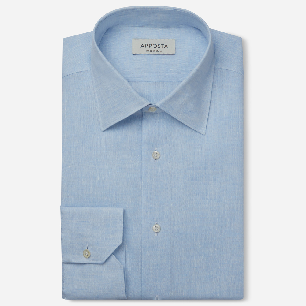 Shirt solid light blue linen plain, collar style low straight point collar