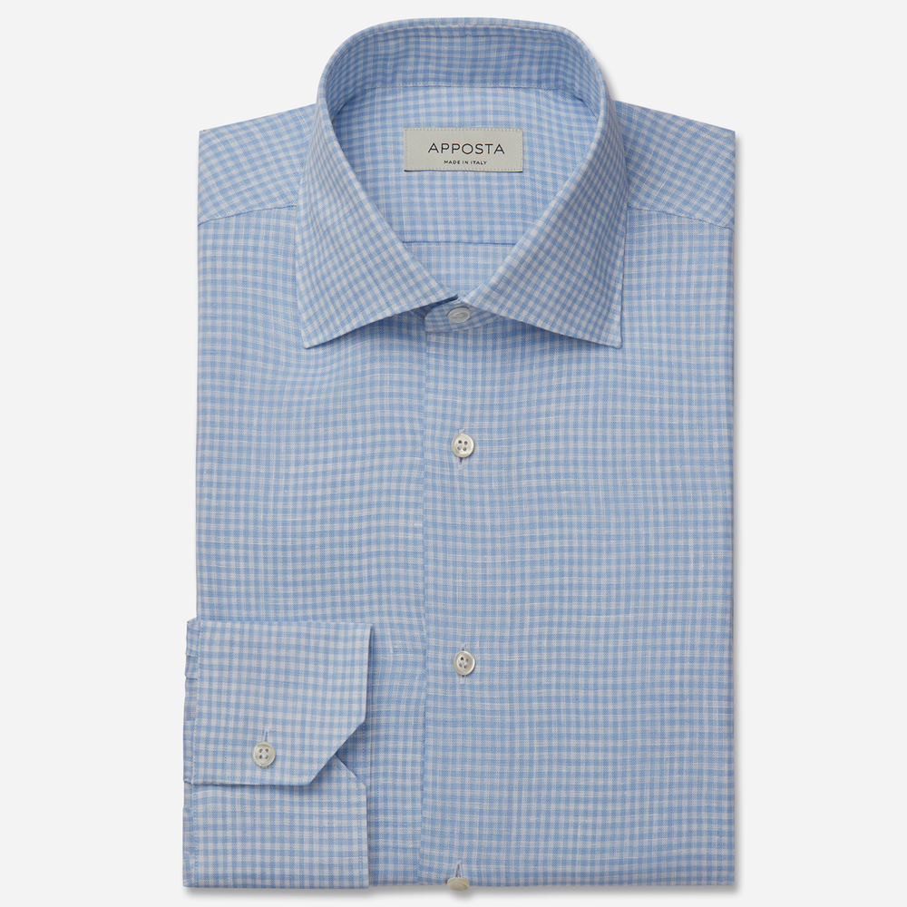 Shirt small check light blue linen plain normandy linen, collar style semi-spread collar