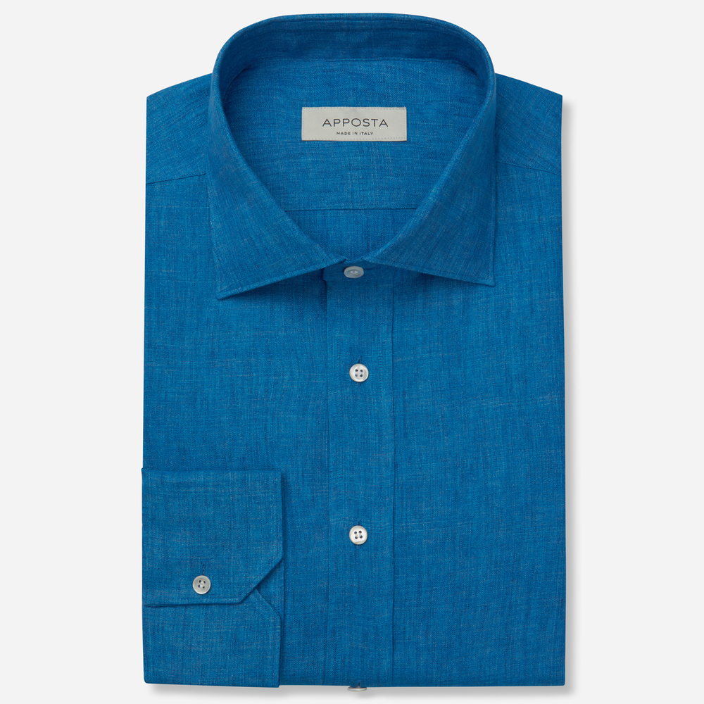 Shirt solid navy blue linen zephyr, collar style semi-spread collar