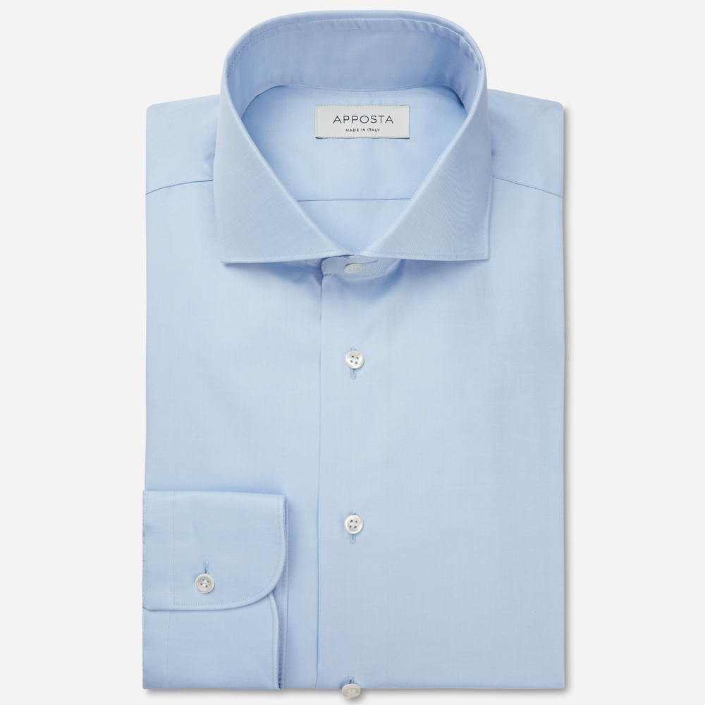 Shirt solid light blue cotton twill double twisted, collar style lower spread collar