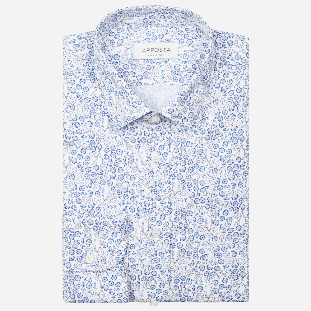 Image of Camicia disegni a fiori azzurro cotone popeline, collo stile collo italiano aggiornato a punte corte055