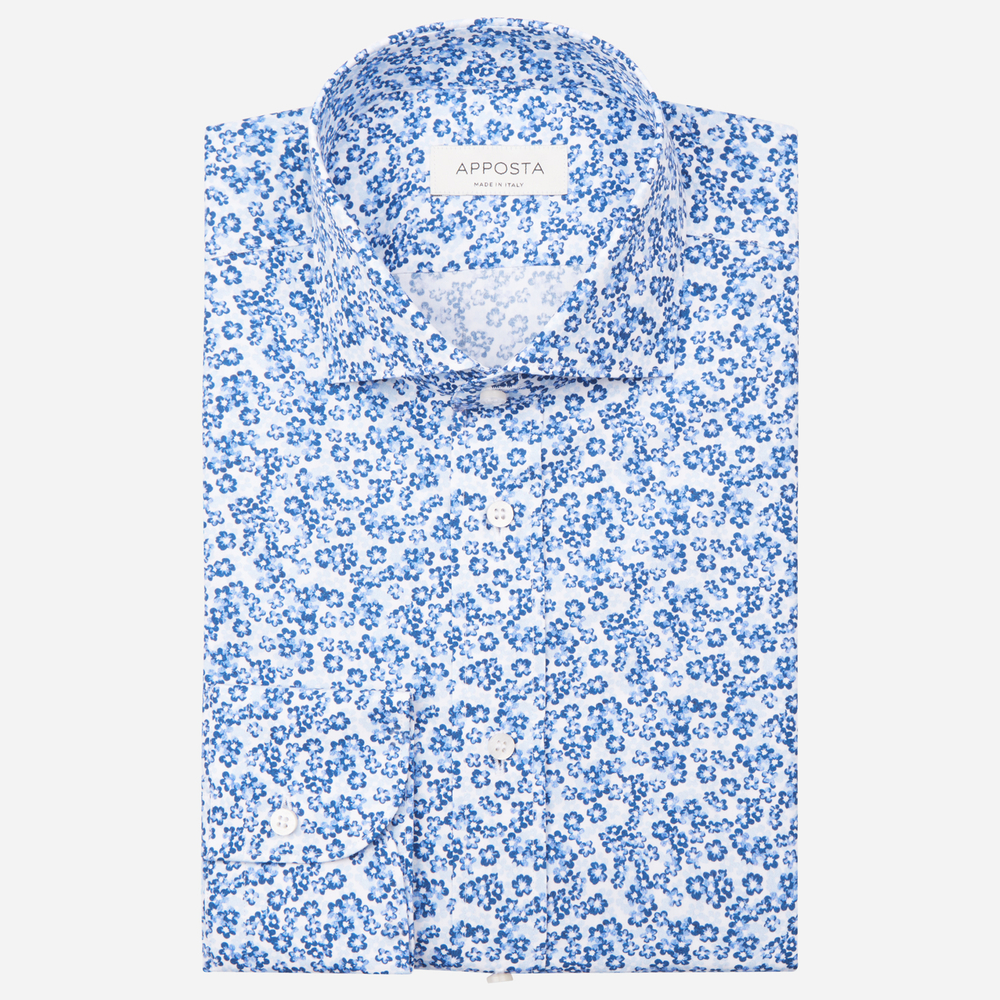 Image of Camicia disegni a fiori azzurro cotone popeline, collo stile collo francese aggiornato a punte corte055