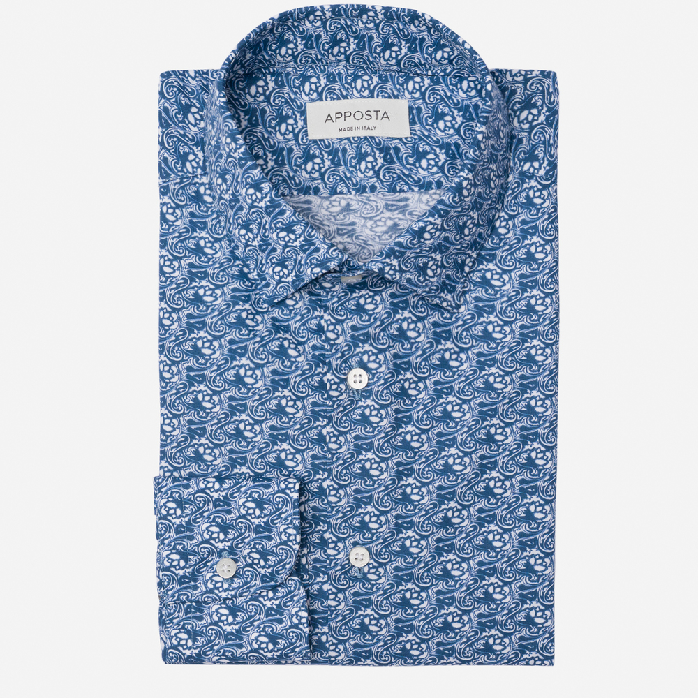 Image of Camicia disegni a fiori blu cotone tessuto con armatura a tela, collo stile collo cutaway055