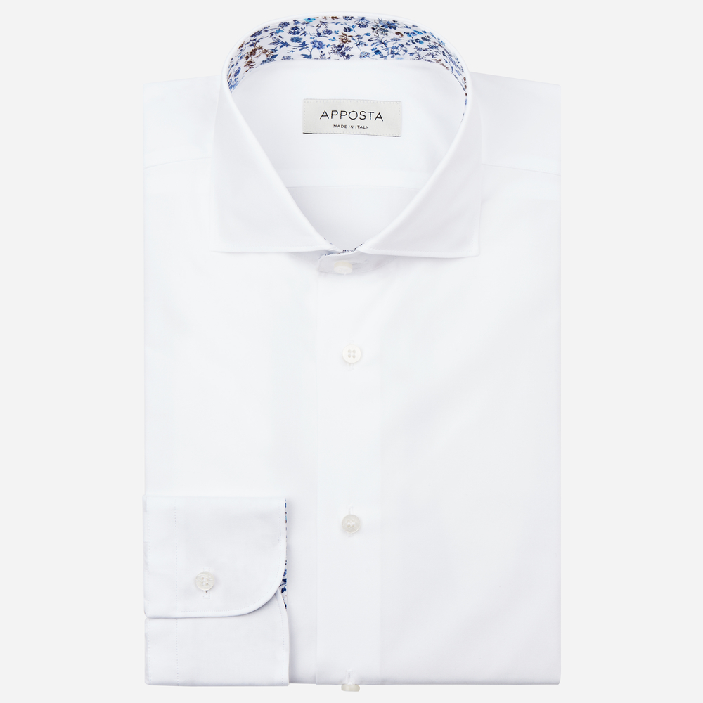 Shirt solid white stretch poplin viroformula, collar style lower spread collar