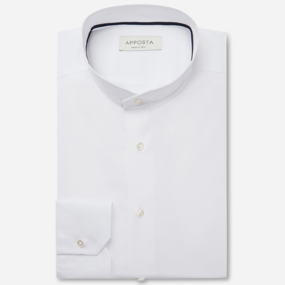 Shirt solid white stretch poplin viroformula, collar style angled band collar