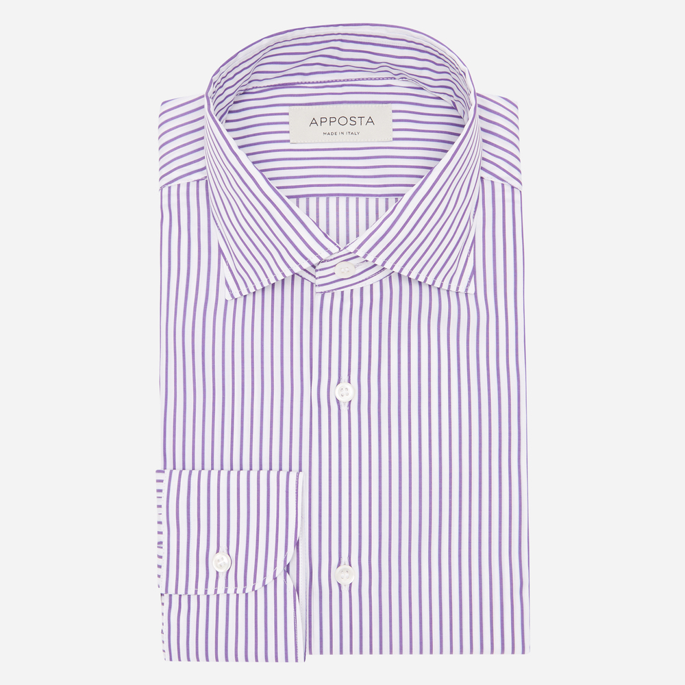 Shirt striped violet cotton twill, collar style semi-spread collar