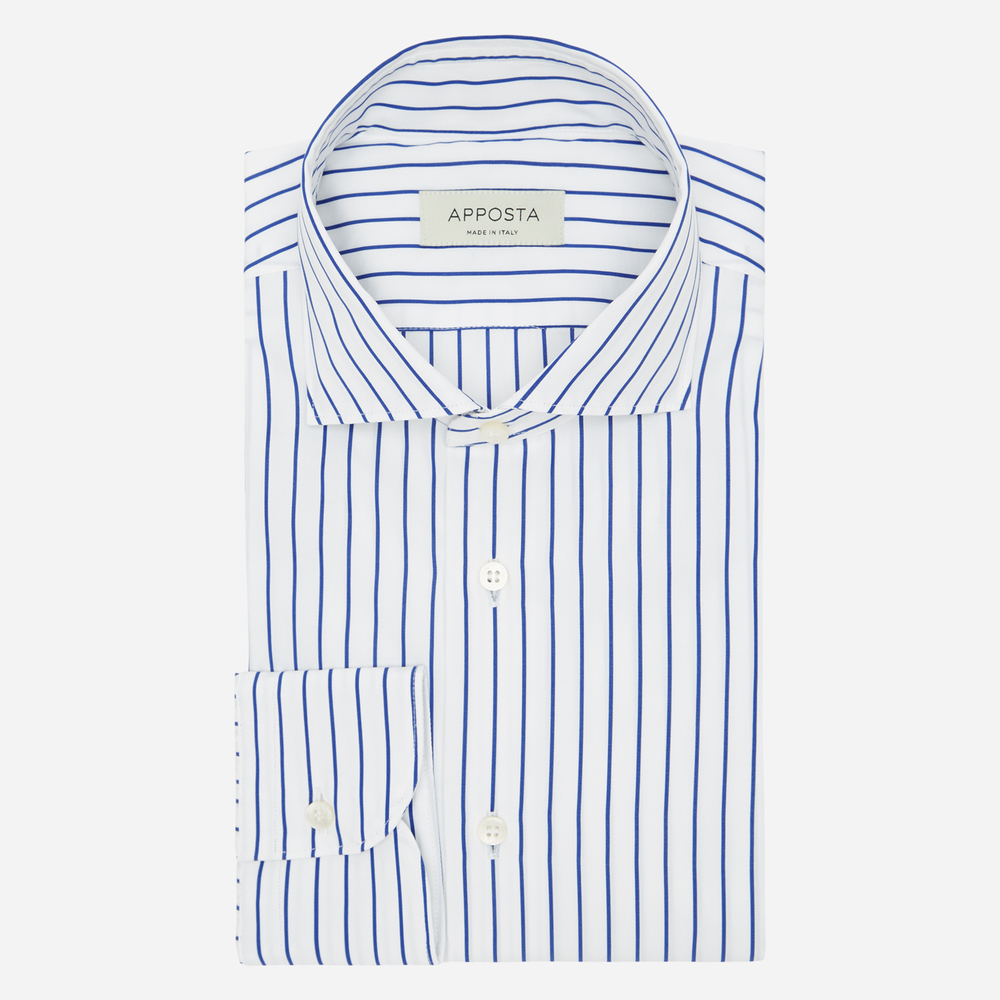 Shirt striped navy blue cotton poplin, collar style lower spread collar