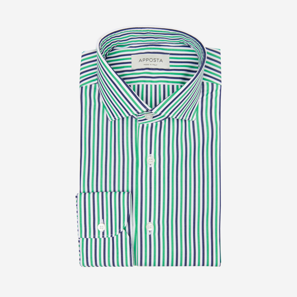 Image of Camicia righe verde cotone popeline, collo stile collo francese aggiornato a punte corte055