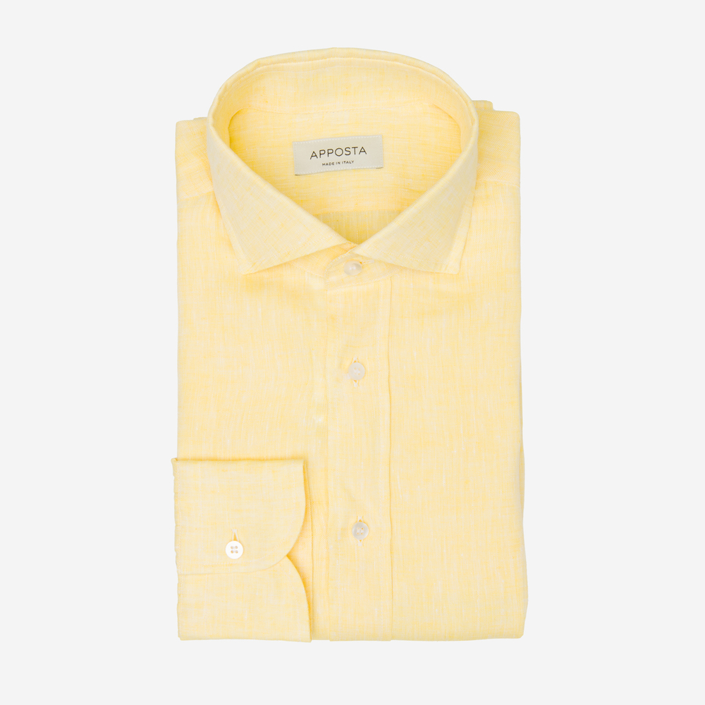 Image of Camicia tinta unita giallo lino tessuto con armatura a tela, collo stile collo francese aggiornato a punte corte055