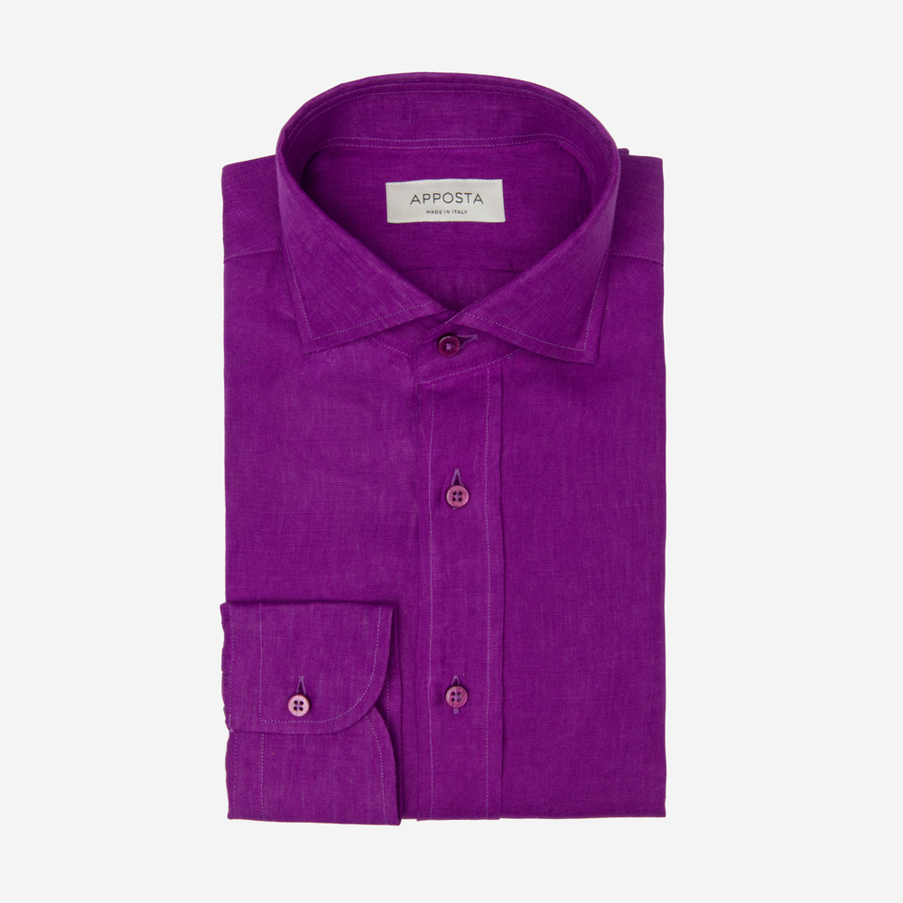 Image of Camicia tinta unita viola lino tessuto con armatura a tela, collo stile collo francese aggiornato a punte corte055