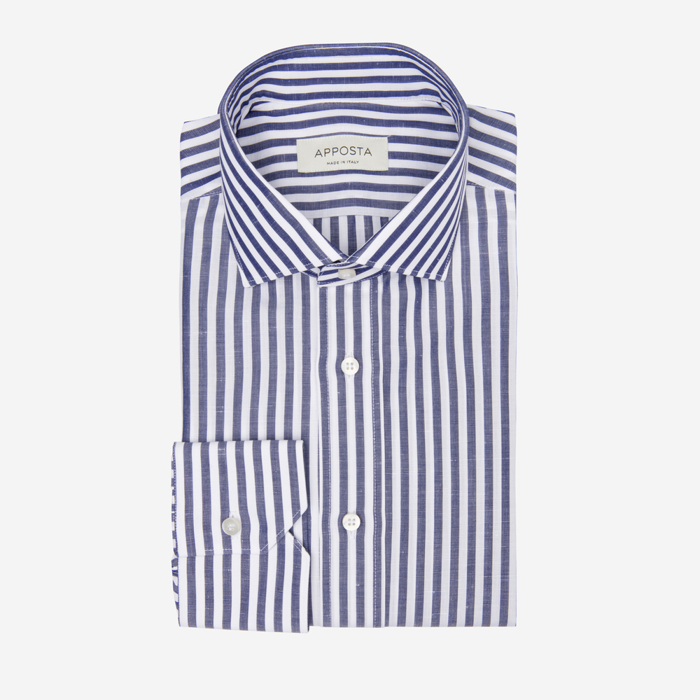 Image of Shirt stripes navy blue cotton-linen plain, collar style updated spread collar with short points