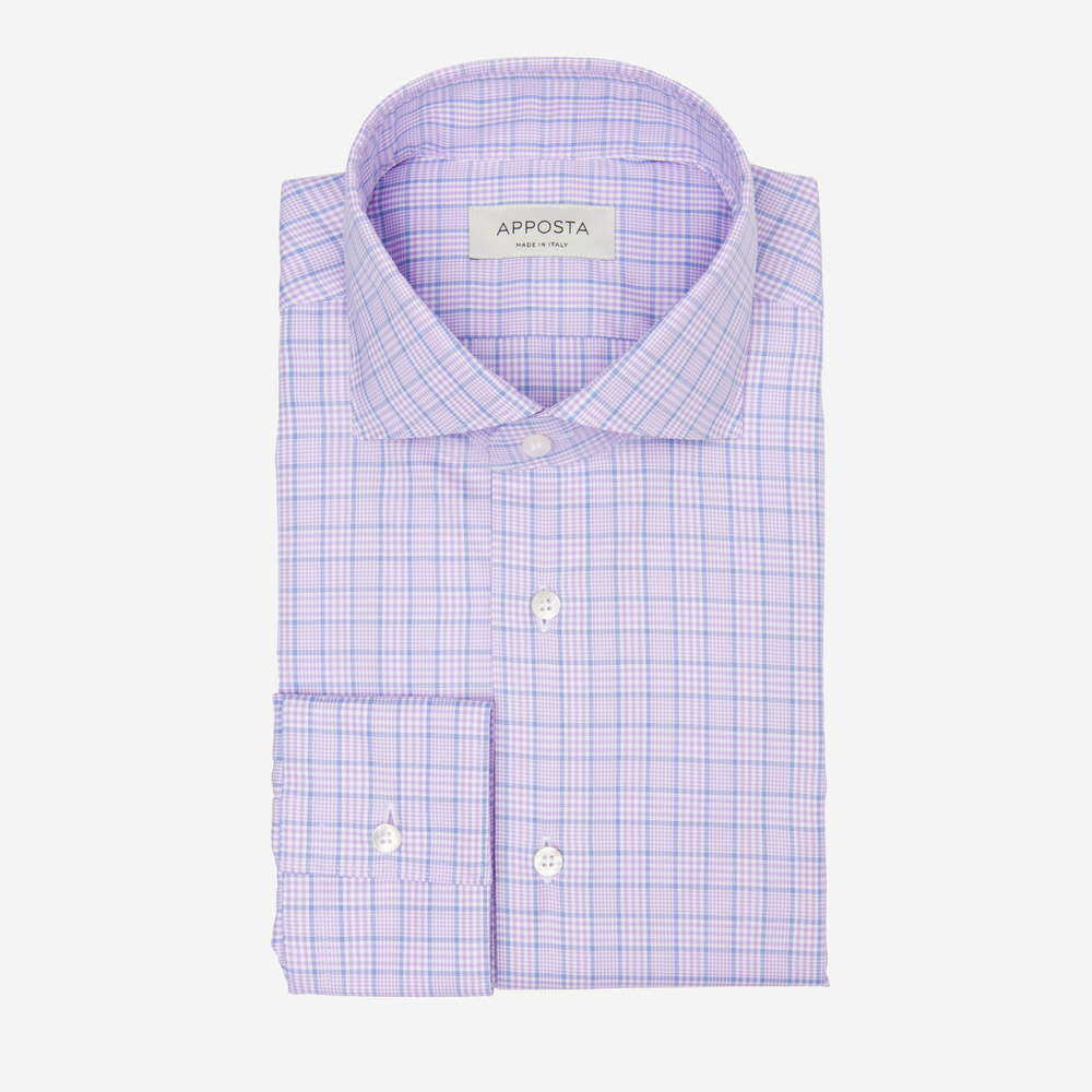 Shirt prince of wales check violet cotton twill double twisted giza 45, collar style lower spread collar