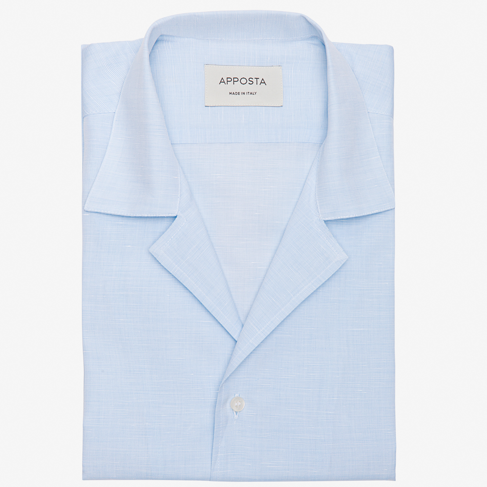 Shirt solid light blue cotton-linen plain, collar style camp collar