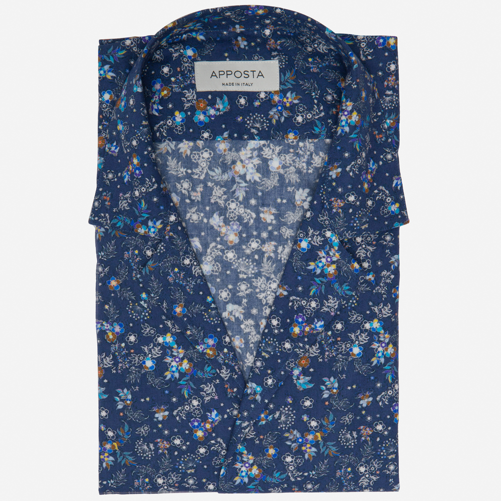 Image of Camicia disegni a fiori blu cotone popeline, collo stile collo bowling055