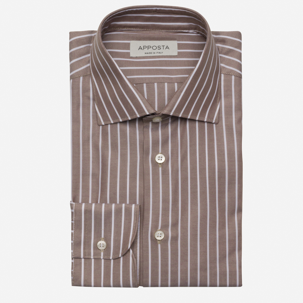 Shirt striped brown cotton oxford, collar style semi-spread collar