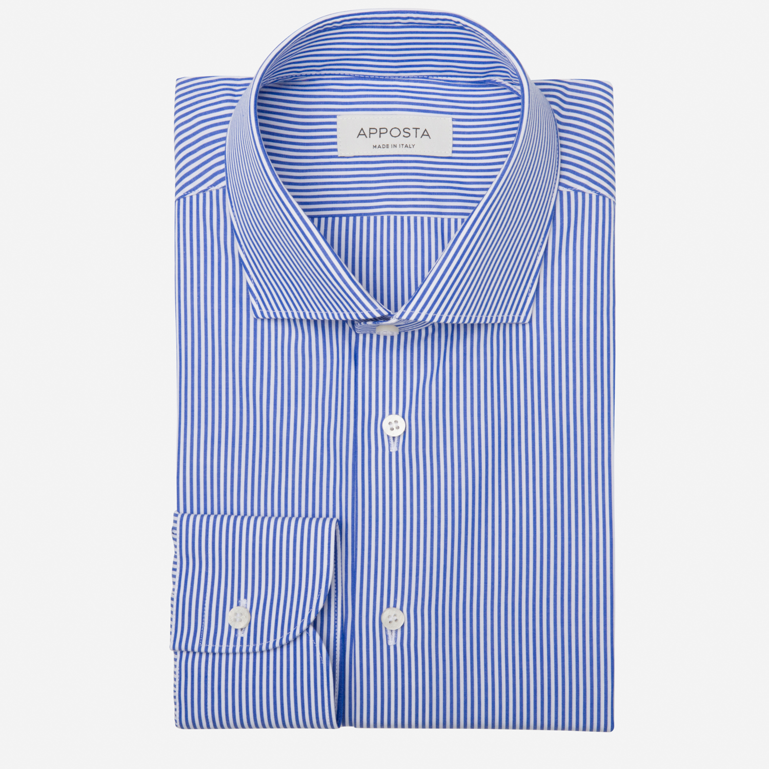 Image of Camicia righe azzurro cotone tessuto con armatura a tela, collo stile collo francese aggiornato a punte corte055