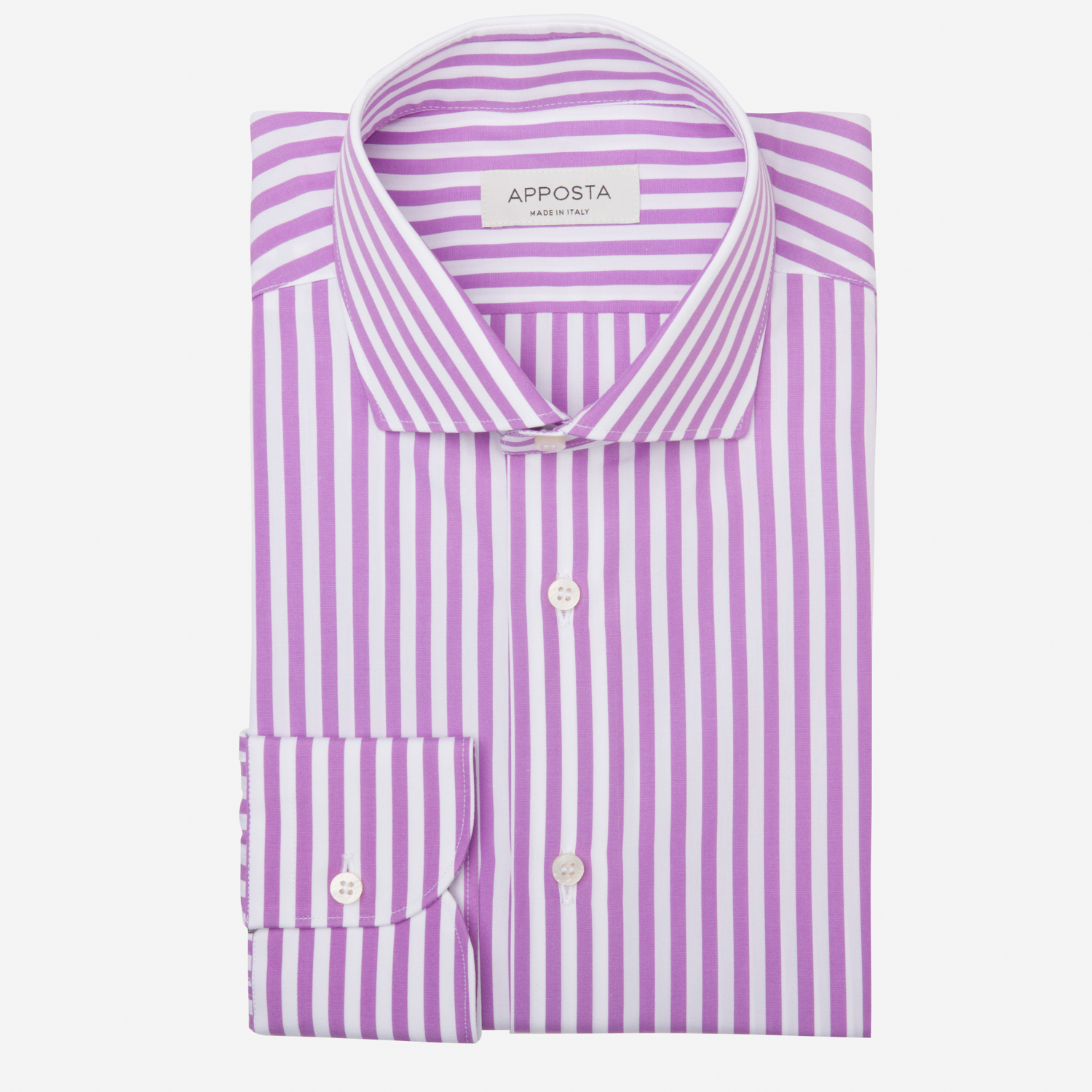 Image of Camicia righe viola cotone tessuto con armatura a tela, collo stile collo francese aggiornato a punte corte055