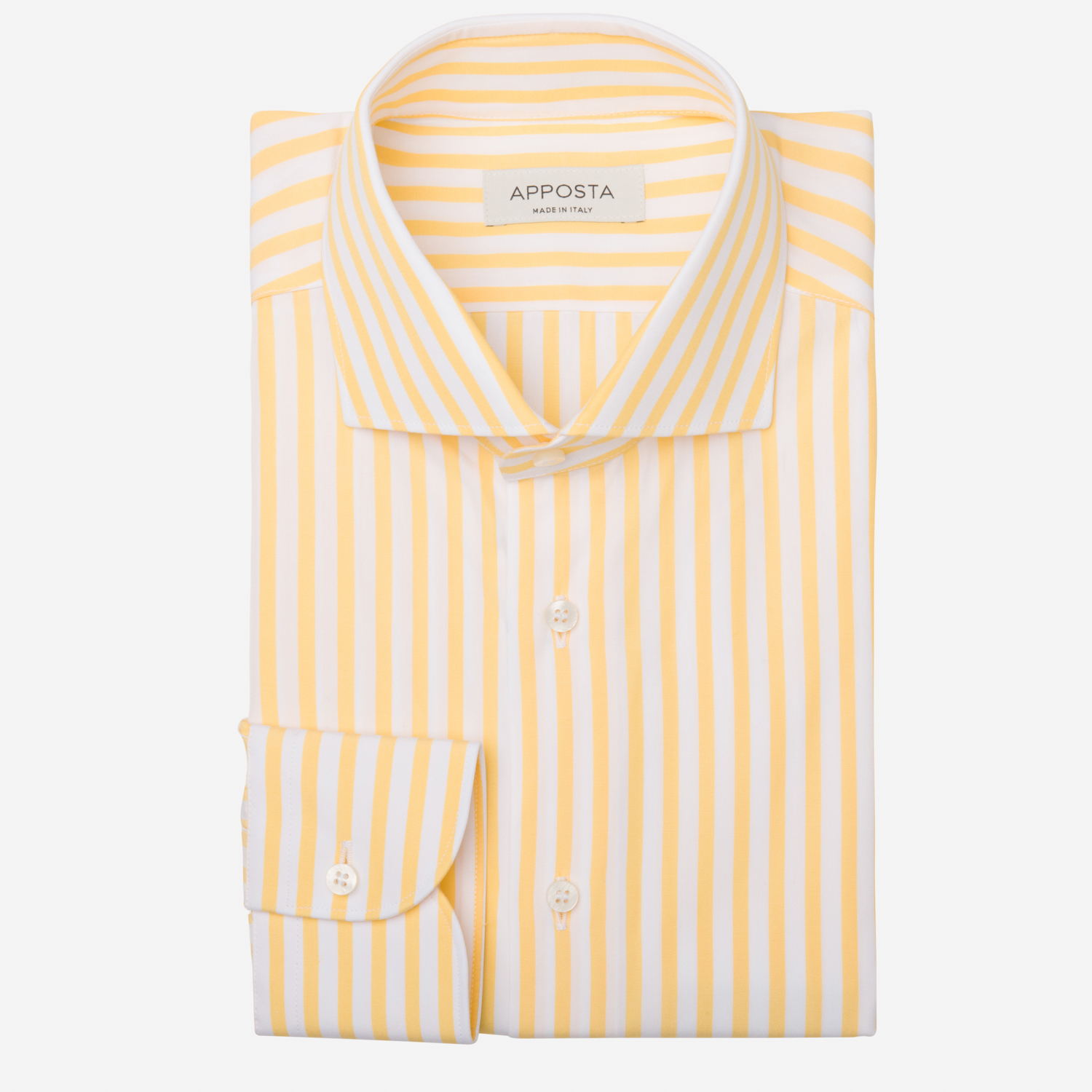 Shirt striped yellow cotton poplin double twisted, collar style lower spread collar