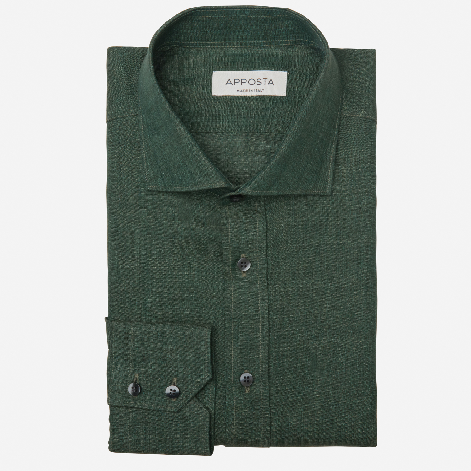 Image of Camicia tinta unita verde lino tessuto con armatura a tela lino di normandia, collo stile collo francese aggiornato a punte corte055