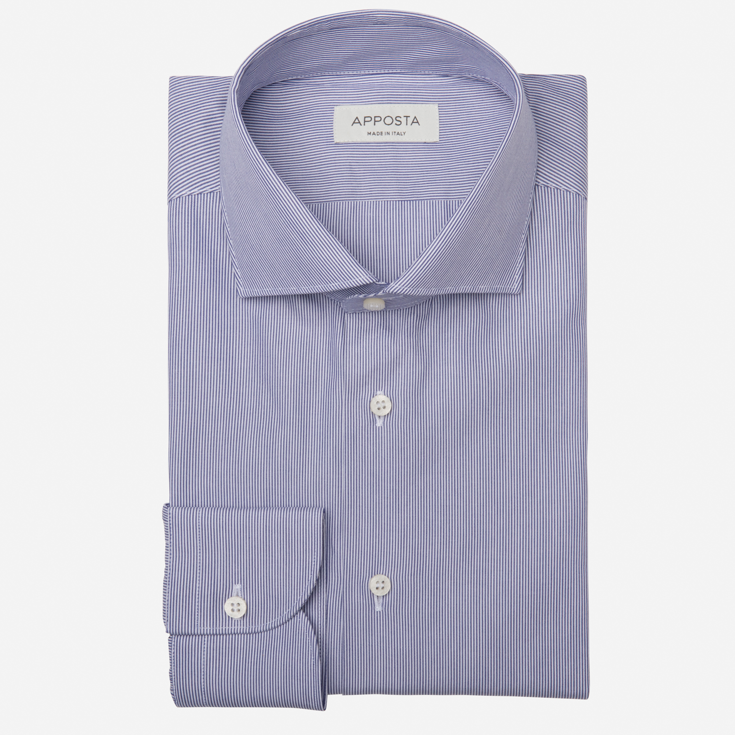 Image of Camicia millerighe blu cotone popeline doppio ritorto, collo stile collo francese basso055